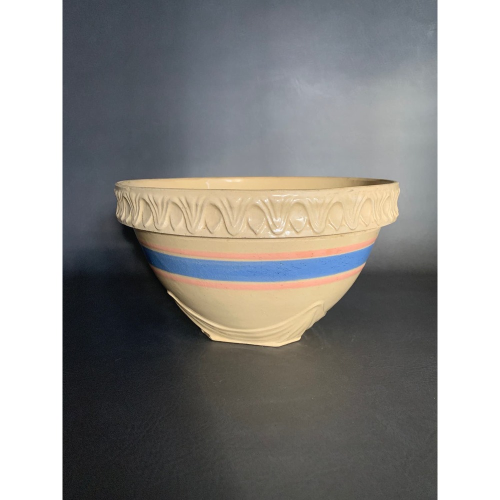 VTG Large Yelloware Mixing Bowl Pink Blue Stripe Ornate 10.25” USA pottery fruit